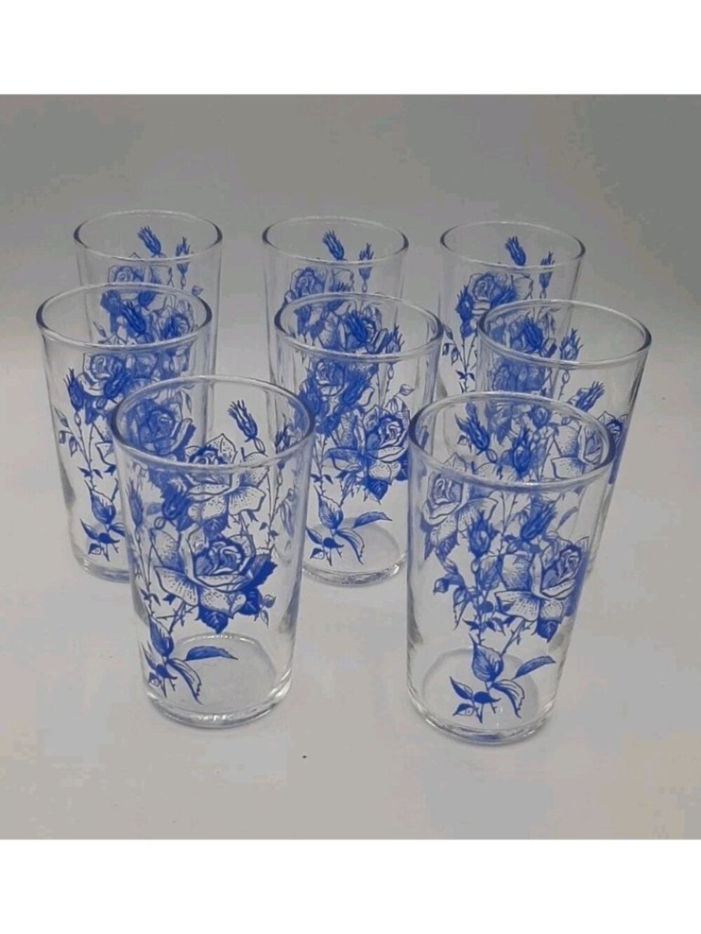 Vintage Johnson Brothers Blue Rose Bouquet Juice Glasses 3 1/2 in Tall Set of 8